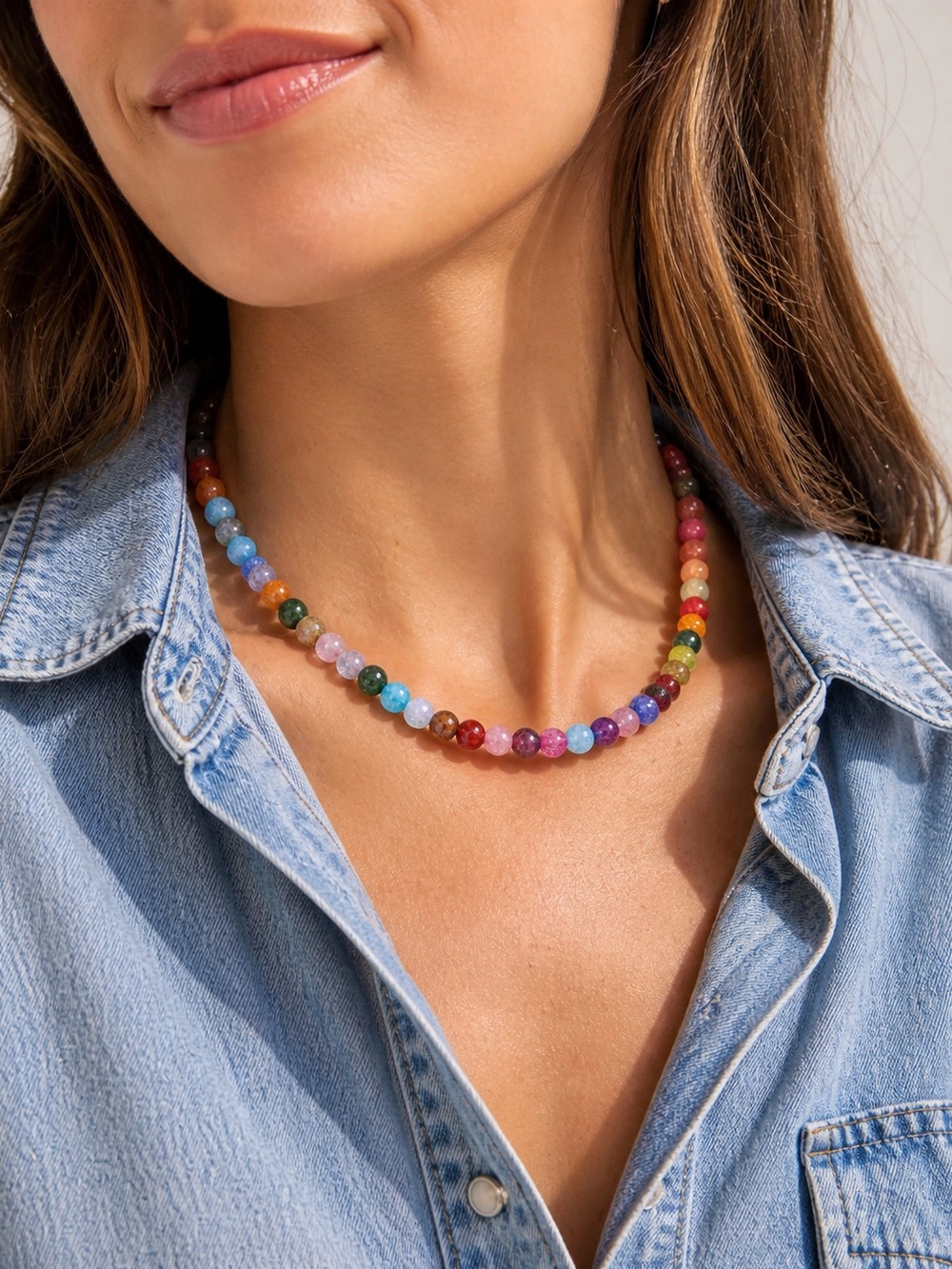 Colorful Beaded Necklace Adjustable 38–45cm Boho Gemstone